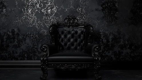 Baroque black leather throne in dramatic low key setting.