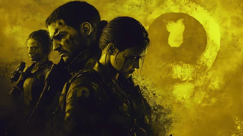 Three armed soldiers stand in profile before skull symbol