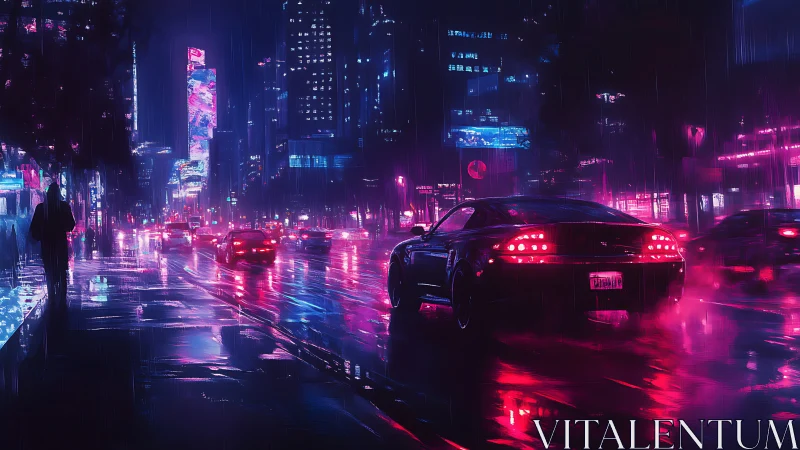Neon-saturated cyberpunk boulevard in nocturnal rainfall.