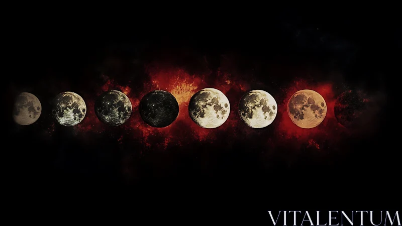 Lunar phases progress across dark space with red nebula glow