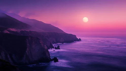 Luminous violet sunset bathes rugged sea cliffs in calm light.