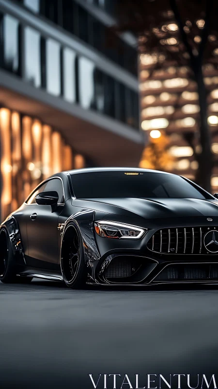 Sleek black Mercedes coupe prowls through a glowing city street