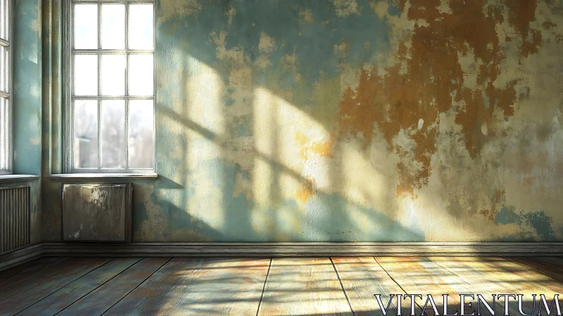Sunlit empty room with peeling paint and worn wooden floor.