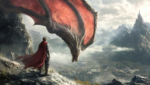 Dragon rider overlook commands misty valley from cliff edge.