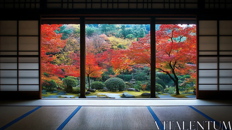 Japanese tatami room overlooking structured autumn garden.