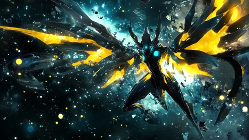 Celestial winged entity in fragmented cosmic environment.