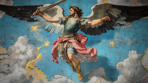 Winged warrior angel brandishes sword against radiant sky