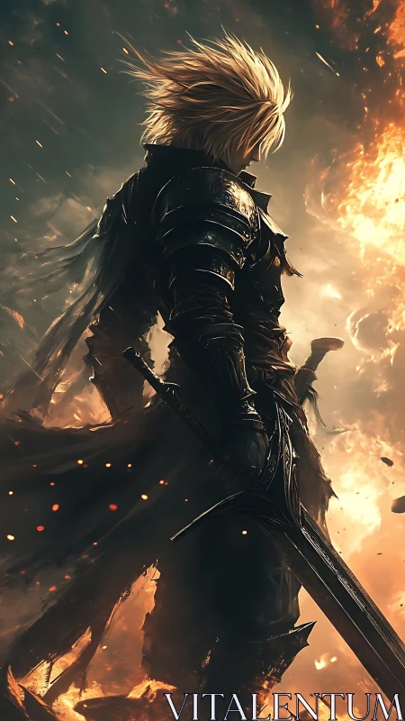 Armored warrior silhouette emerges from infernal battlefield