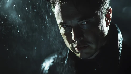 Brooding man in rain under harsh cinematic lighting.