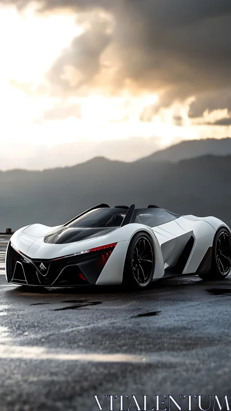 Futuristic white concept supercar sits on wet asphalt track
