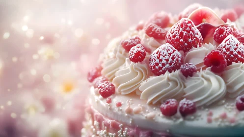 Elegant Cream Dessert with Fresh Raspberries and Powdered Sugar.