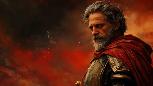 Battle-scarred general stares through smoldering red storm.