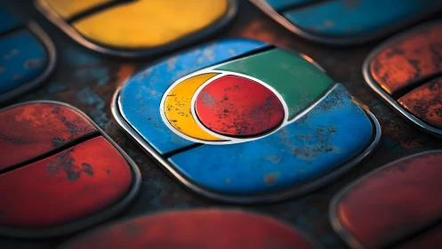 Vintage Google Chrome Logo on Grungy Metal Buttons, Macro Style.