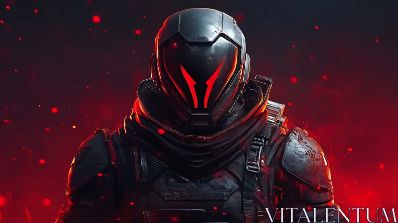 Heavily armored sci fi soldier in red ember particle field