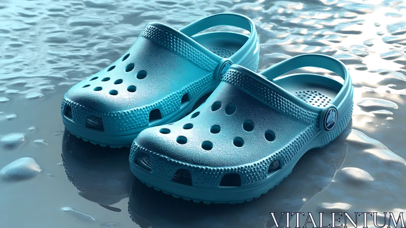 Turquoise rubber clogs rest on reflective wet surface in light