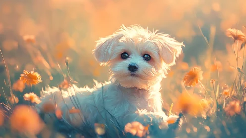 Digital painting of small white dog in warm floral field.