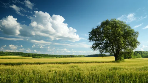 Isolated deciduous tree anchors sunlit meadow under stratocumulus sky