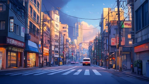 Sunlit Tokyo backstreet glows against a quiet urban skyline.