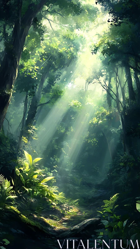 Enchanted Forest Sanctuary: Sunlight Breaks Through Ancient Trees