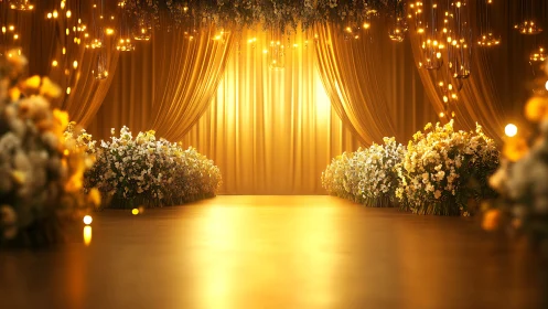 Golden aisle glows as blooms and hanging lights whisper softly
