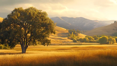 Golden rural valley landscape with lone tree at sunset.