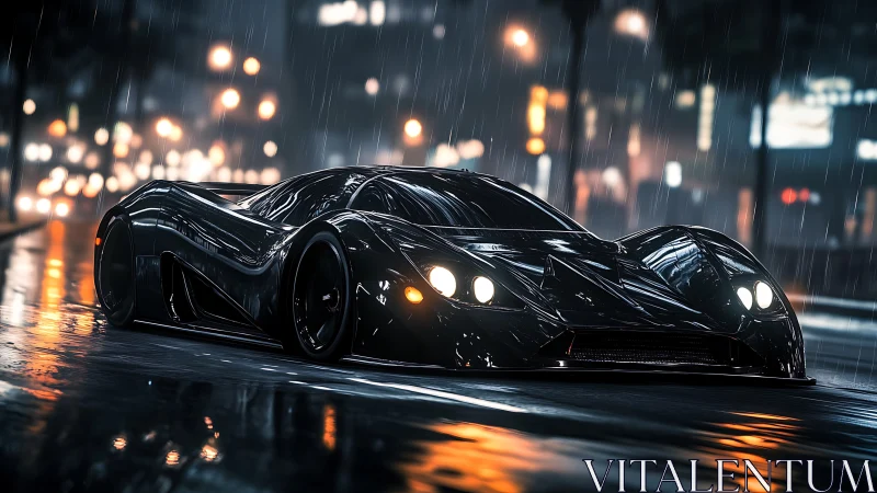 Futuristic black hypercar waits on wet city street at night