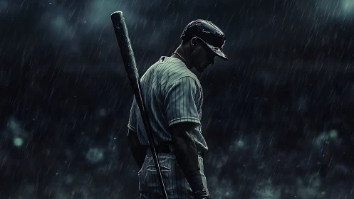 Moody backlit baseball batter under heavy stadium rain