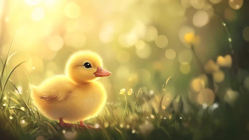 Golden backlit duckling in dreamy meadow bokeh field.