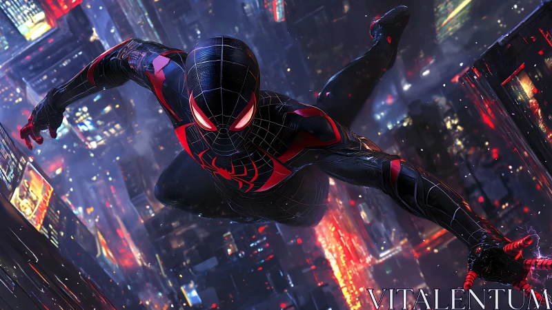 Neon city rooftop hero slicing through the midnight sky.