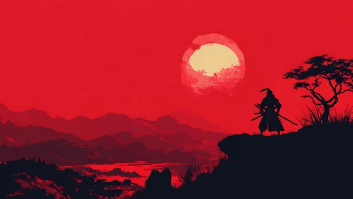 Lone samurai watches a crimson sun drown the silent valleys.