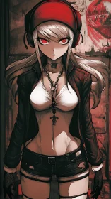 Neon-eyed street rebel in red headphones and leather