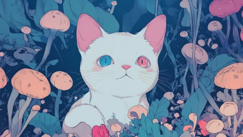 White cat with pink ears among blue-toned jellyfish and fungal organisms