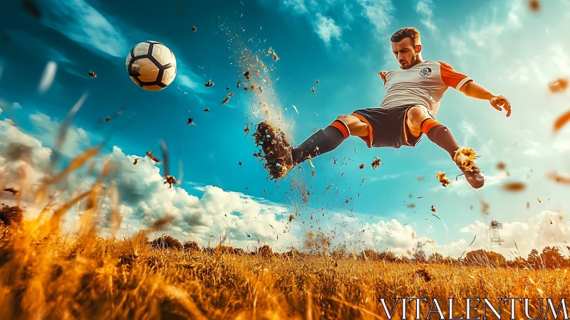 Golden field soccer kick under a bold blue sky.