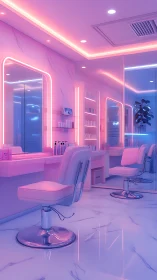 Neon-lit futuristic salon interior with pink-blue glow.