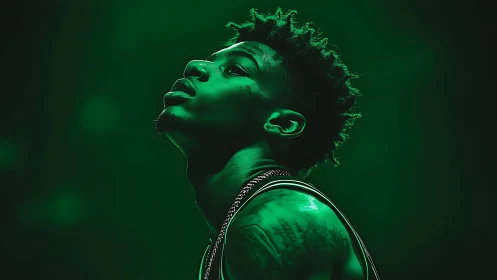 Moody green portrait of tattooed young man in profile.