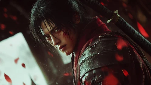 Wounded warrior in crimson armor amid drifting red petals.