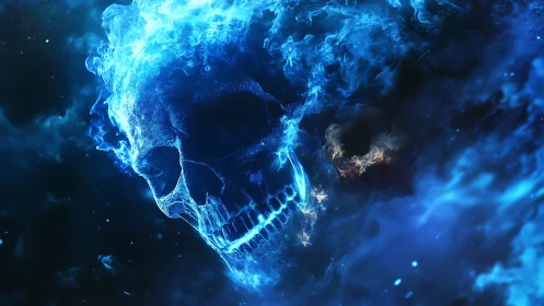 Flaming blue skull forms through swirling cosmic smoke.