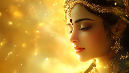 Sunlit goddess in quiet prayer, wrapped in molten gold glow.
