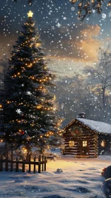 Snowy cabin twilight with glowing Christmas tree lights.