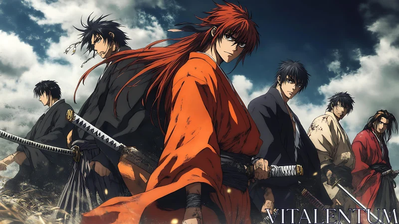 Samurai swordsmen group in dynamic outdoor formation.