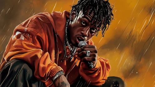 Rapper crouches in rain, orange streetwear, intense gaze.