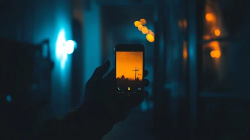 Hand holding smartphone displaying illuminated sunset with cross silhouette