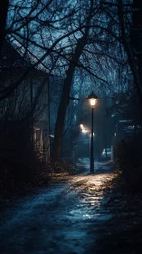 Nocturnal wet alley with lamppost glow and bare winter trees