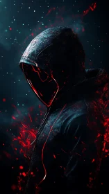 Hooded avatar silhouette with red particle energy and rim lighting