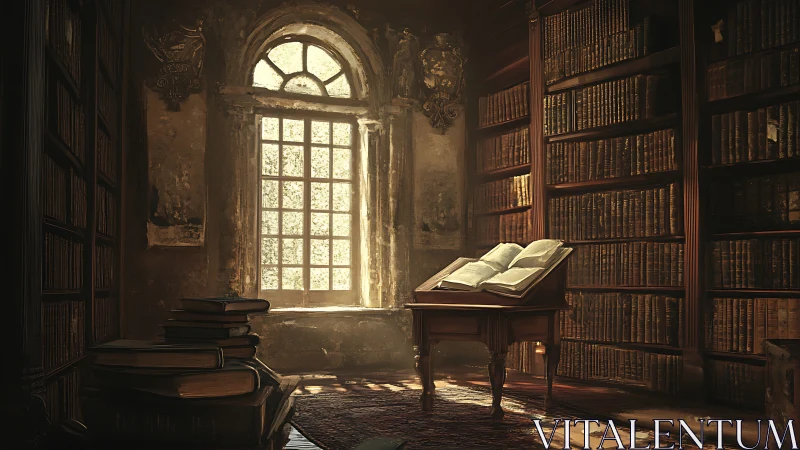 Sunlit baroque library interior with open folio lectern