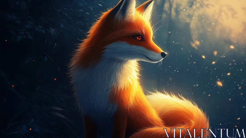 Vivid orange fox in softly lit twilight forest scene.