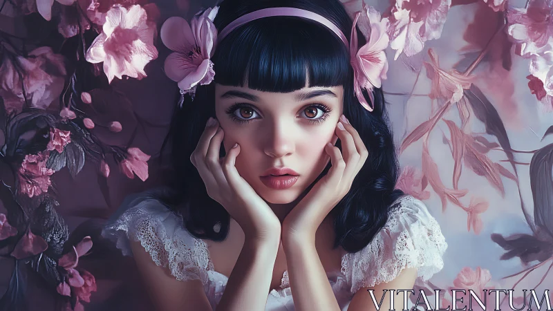 Daydreaming porcelain muse amid twilight cherry petals.