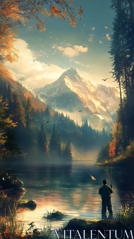 Solitary angler beneath sunrise-kissed alpine crown of fire.