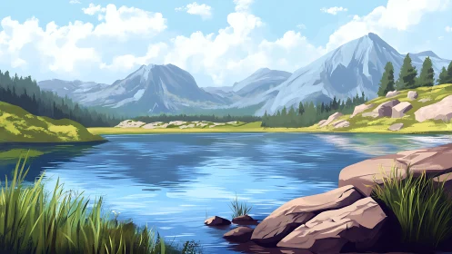 Mountain lake panorama under bright summer sky artwork.