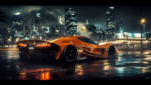 Orange hypercar is parked on wet asphalt in a rainy cityscape